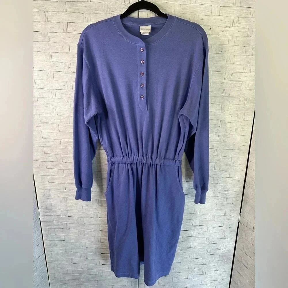 Lands' End Vintage womens 80's blue cotton long sleeve t-shirt dress pockets